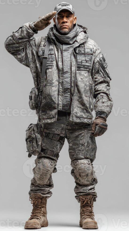 Soldier in military uniform salutes while standing against a gray background in a proud and dignified pose photo