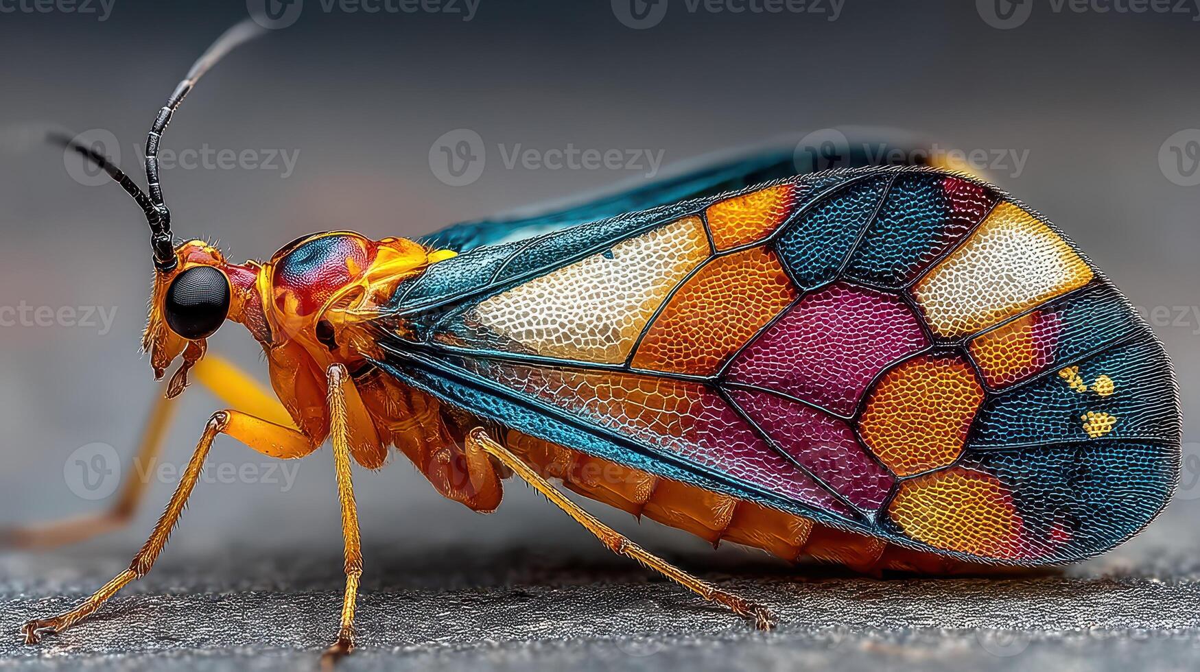 Colorful insect with intricate patterns captured in close-up view on a dark surface during daylight hours photo