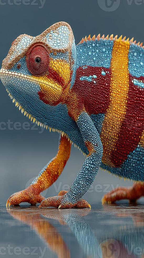 Colorful chameleon showcasing vibrant patterns and textures in a controlled indoor environment during daylight photo