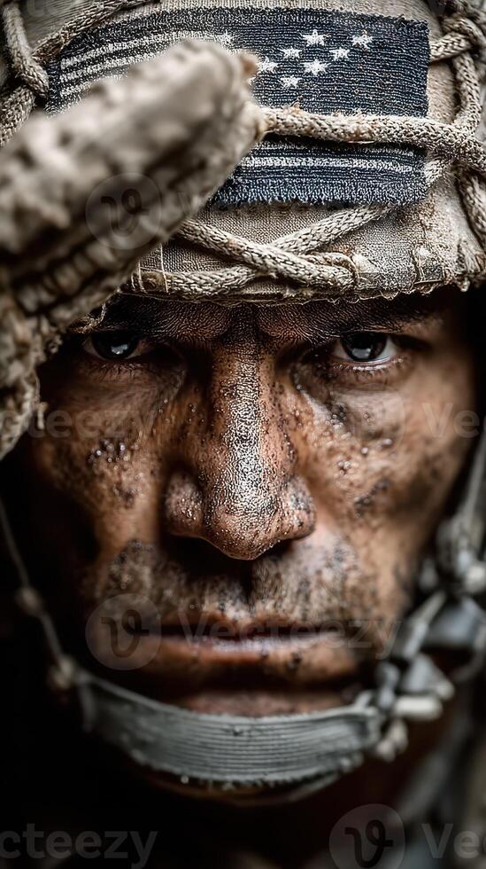 Soldier displaying determination and resilience in intense conditions during a military operation in a rugged environment photo