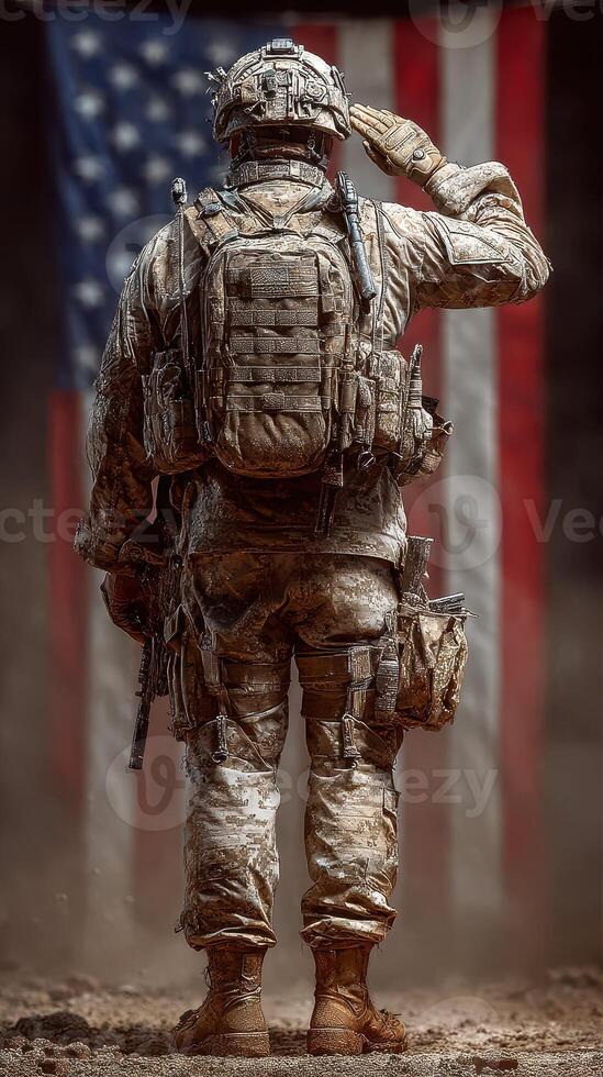 Soldier saluting in front of an American flag during a tribute ceremony in a military base at dawn photo