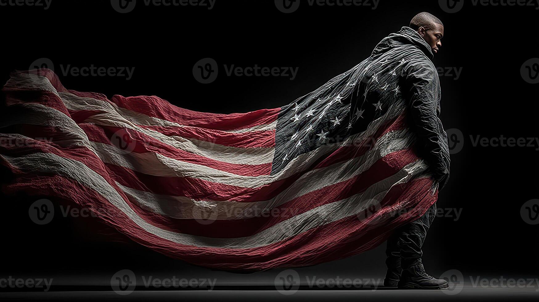 Military figure stands proud with an American flag cape in a dark setting during a powerful moment of solidarity and strength photo