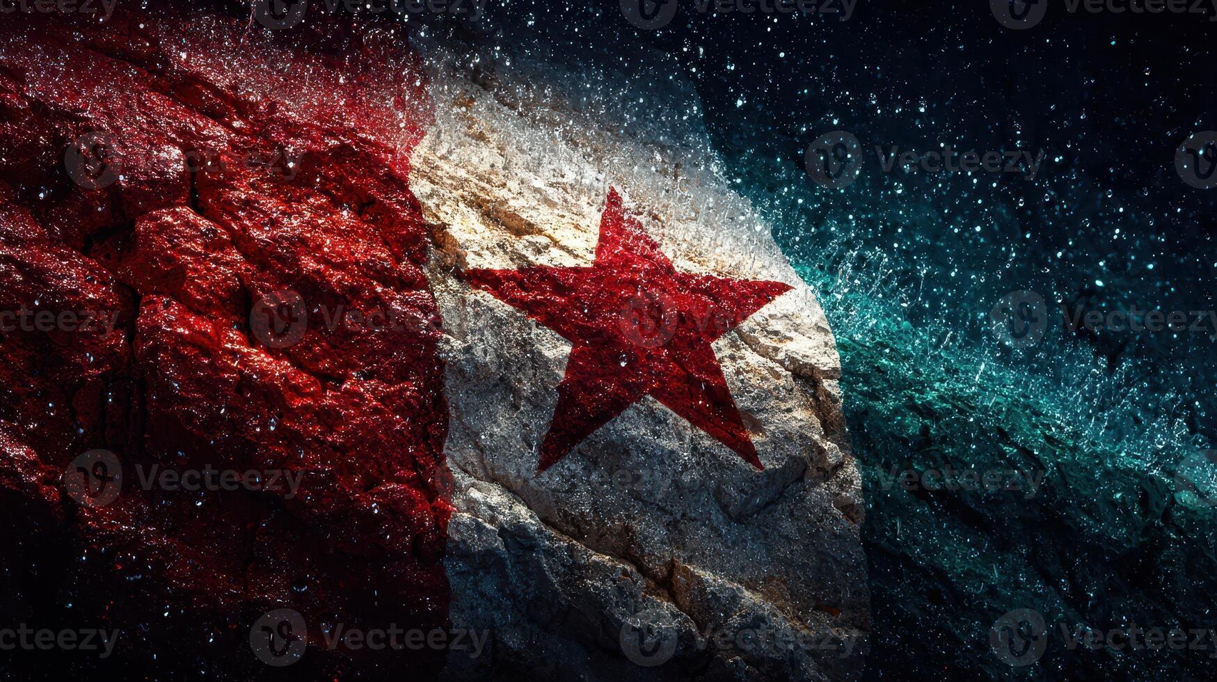 Textural representation of North Korean flag with vibrant colors and water splashes in the background photo