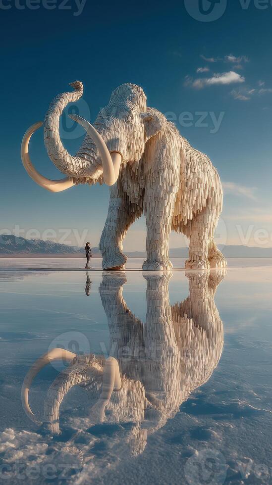 Giant mammoth sculpture stands on salt flat at sunset with a person walking nearby photo