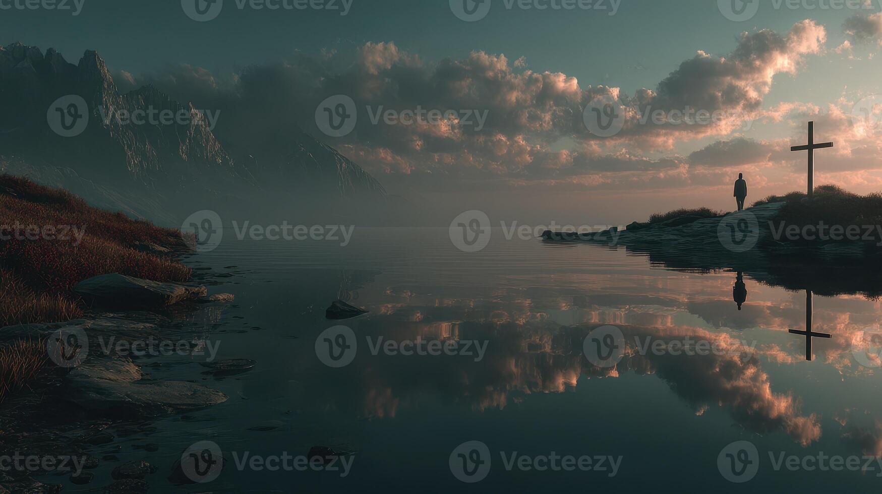 Sunrise reflection over calm lake with solitary figure beside cross in misty mountain landscape photo