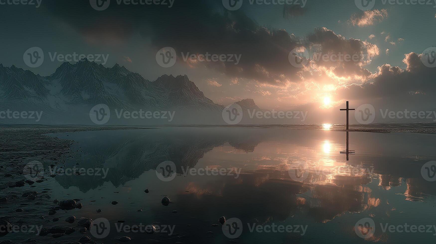 Reflection of a cross at dawn over still waters in a mountain landscape photo