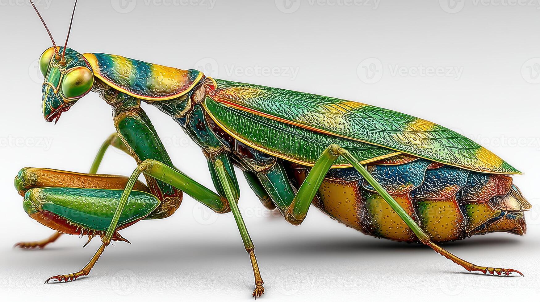 Brightly colored mantis showcasing intricate patterns and textures in a detailed close-up view photo