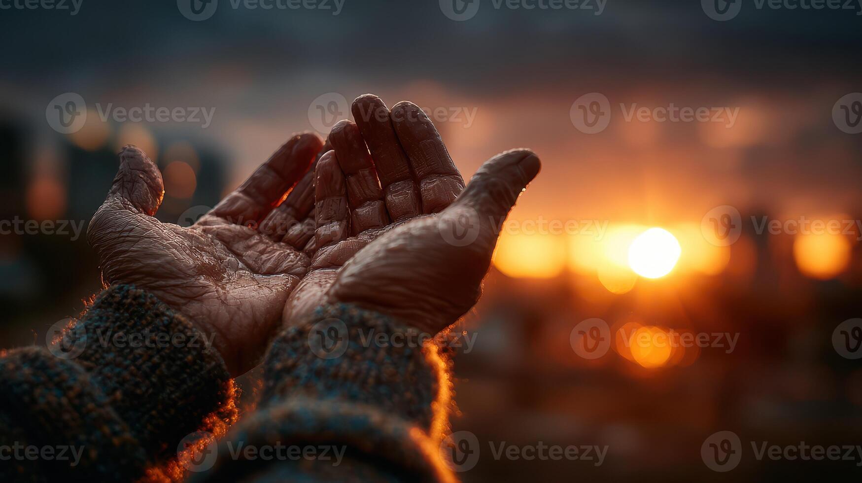 Hands open to embrace the sunset glow over the city skyline during evening hours photo