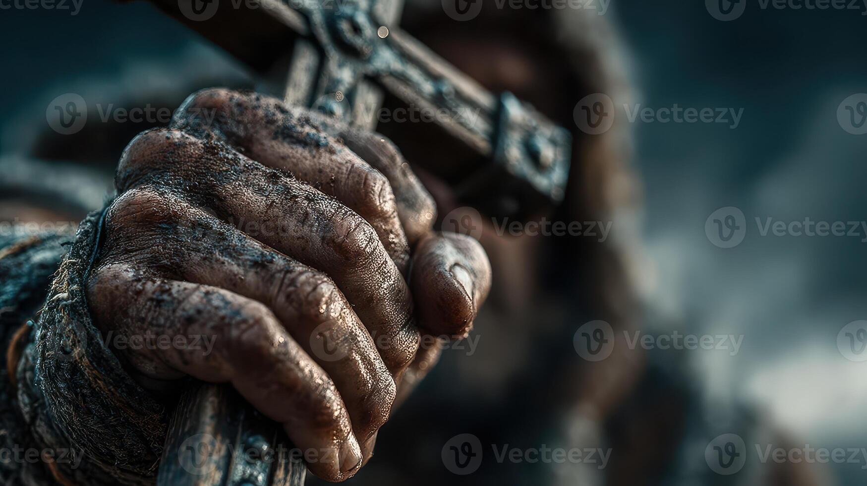 Gripped tightly by a weathered hand, a cross symbolizes faith and resilience in a harsh environment photo
