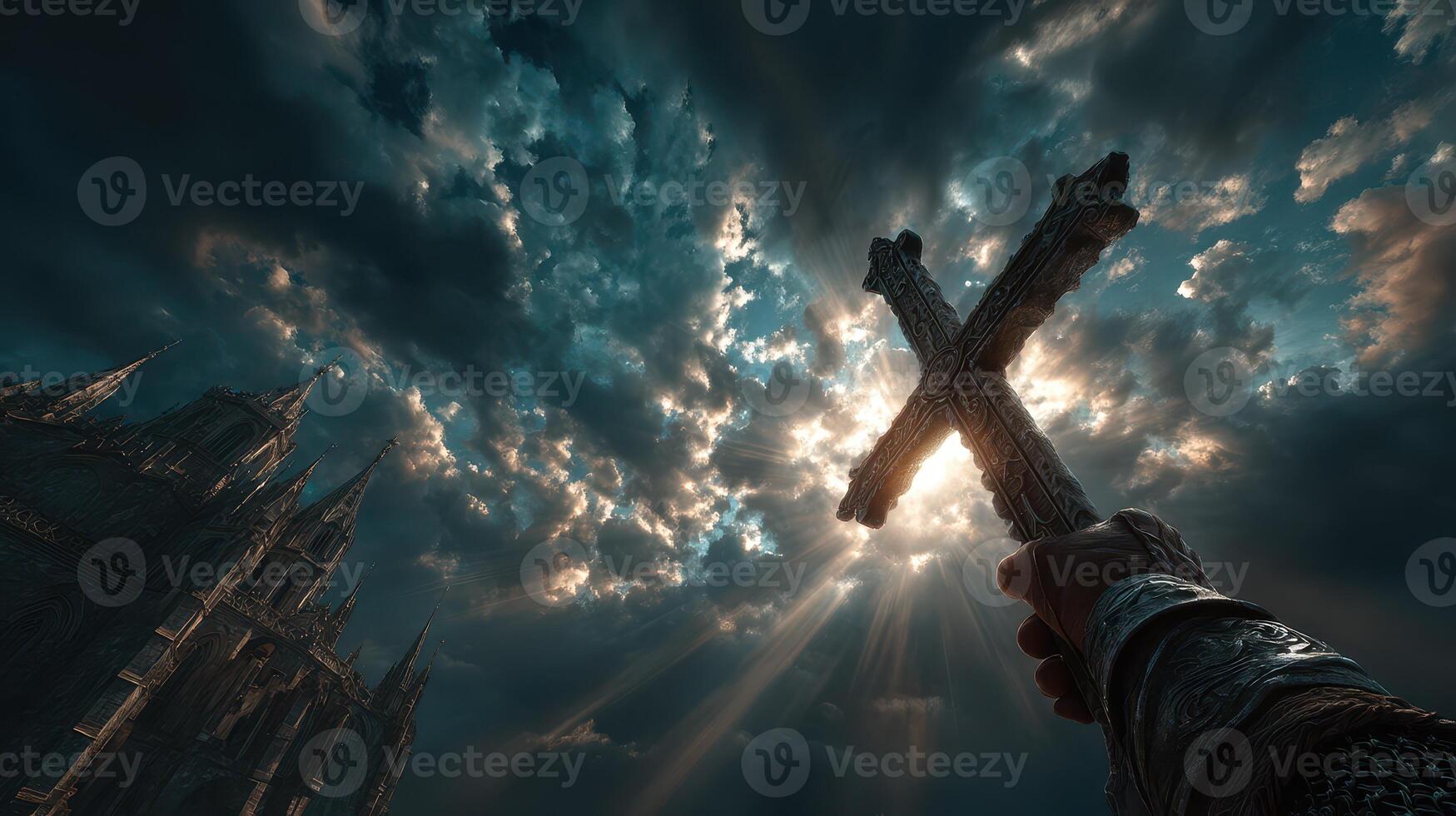 Dramatic sky and towering castle with a hand holding a cross under sunlight photo