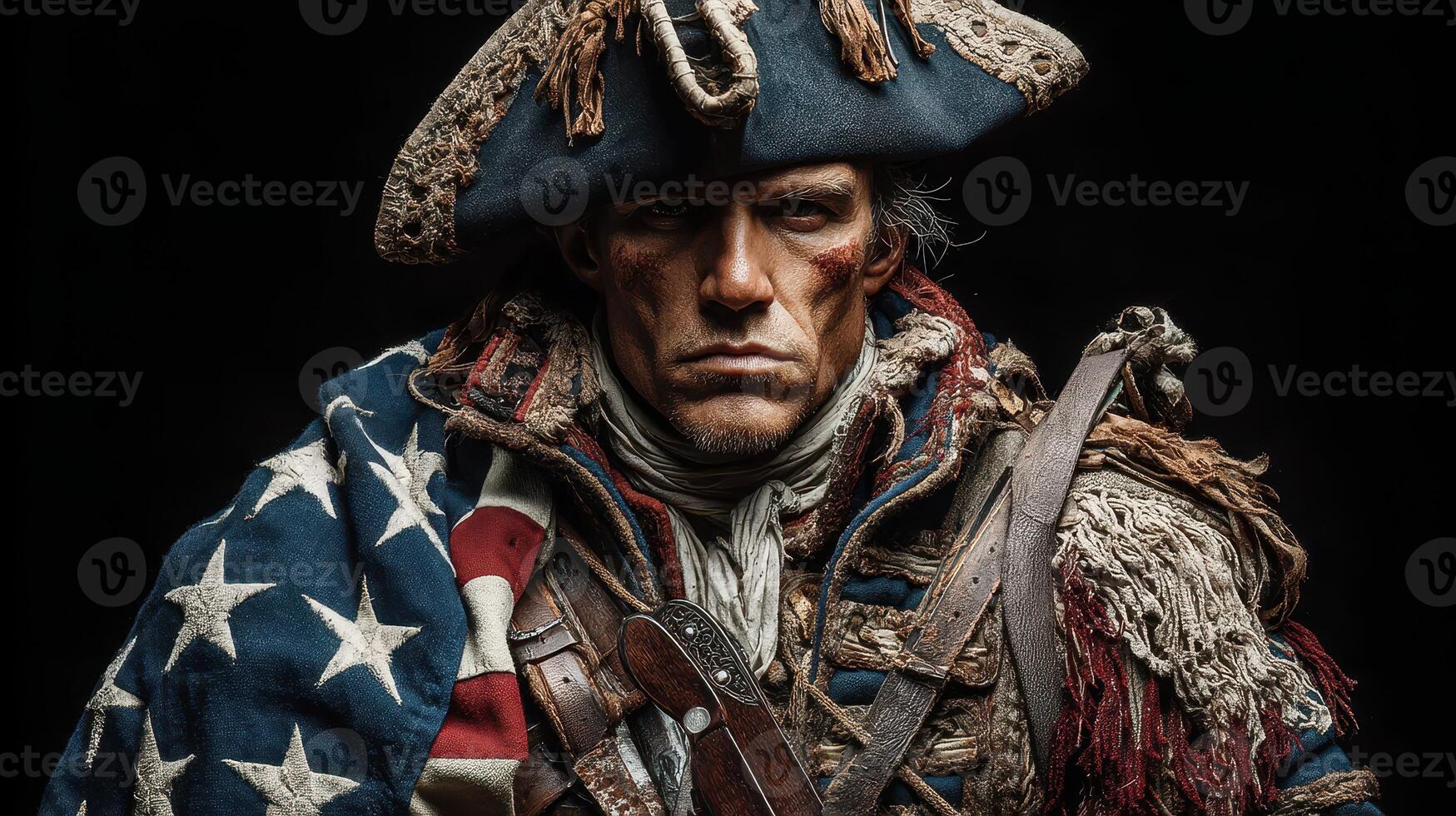 Historical reenactor portrays American Revolutionary War soldier in detailed costume photo