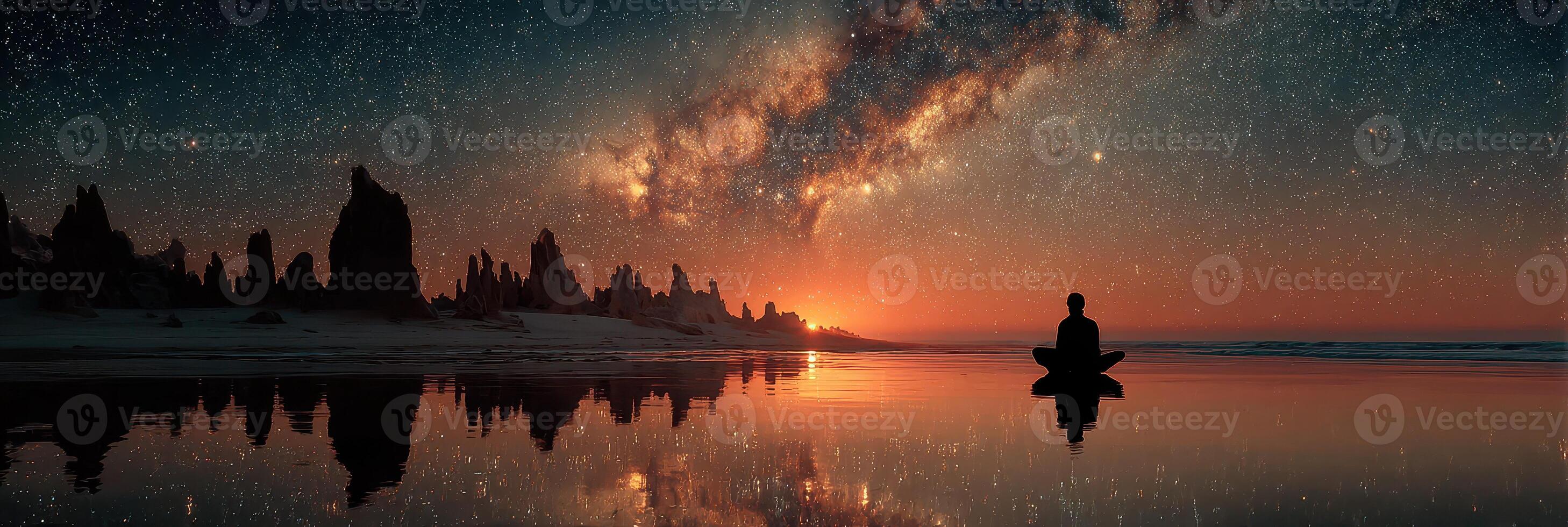 Vast night sky filled with stars and the Milky Way over a tranquil beach with a person meditating at sunset photo