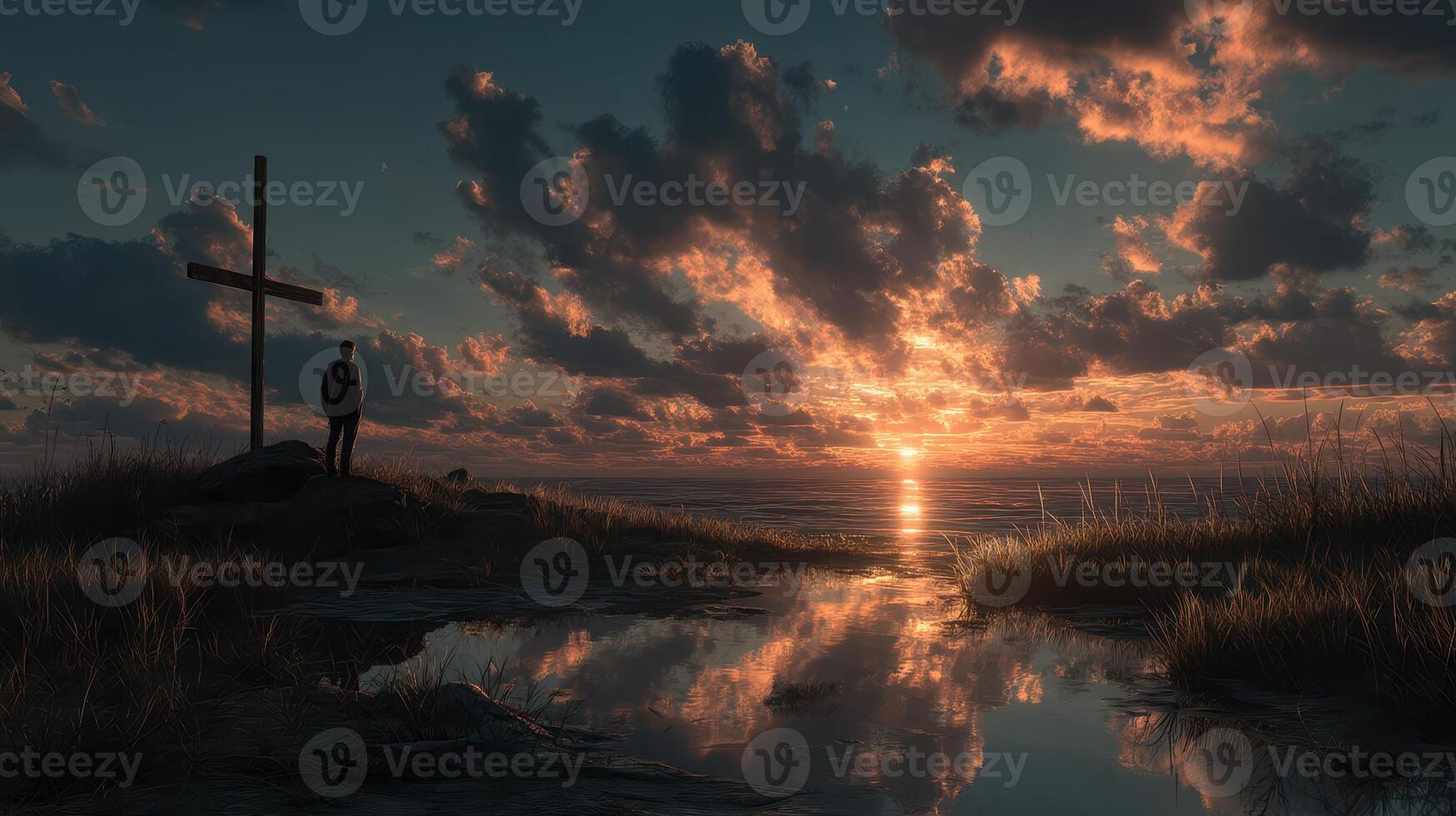 Sunset casts dramatic shadows over the ocean while a figure stands near a cross at the shore photo