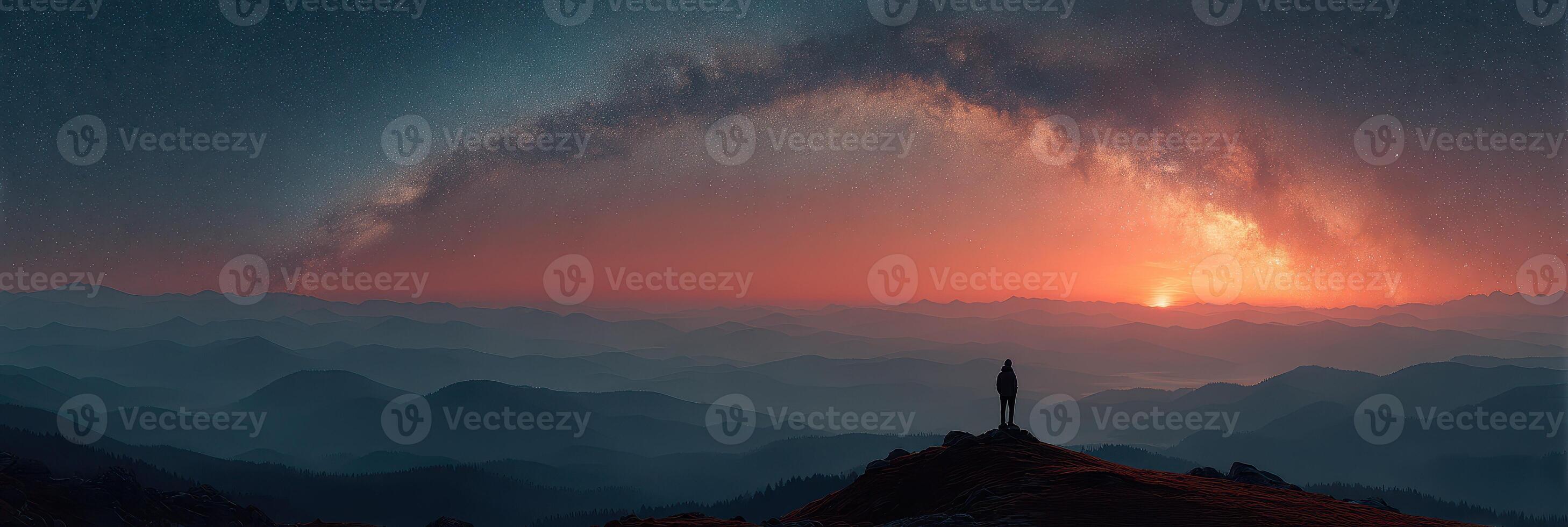 Stargazer observes a breathtaking sunset above misty mountains during twilight hours photo