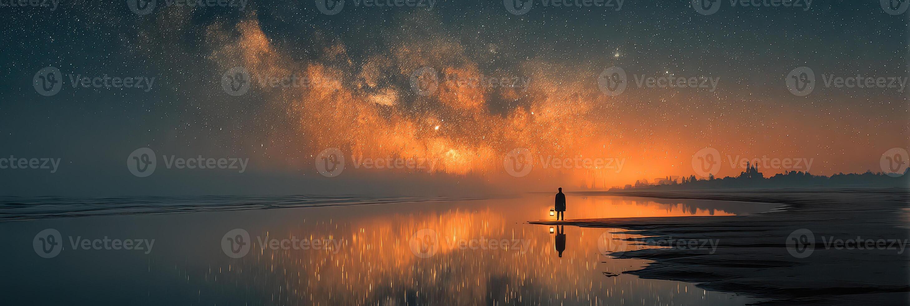 Majestic night sky illuminated by stars and reflected in calm water at a serene beach location photo