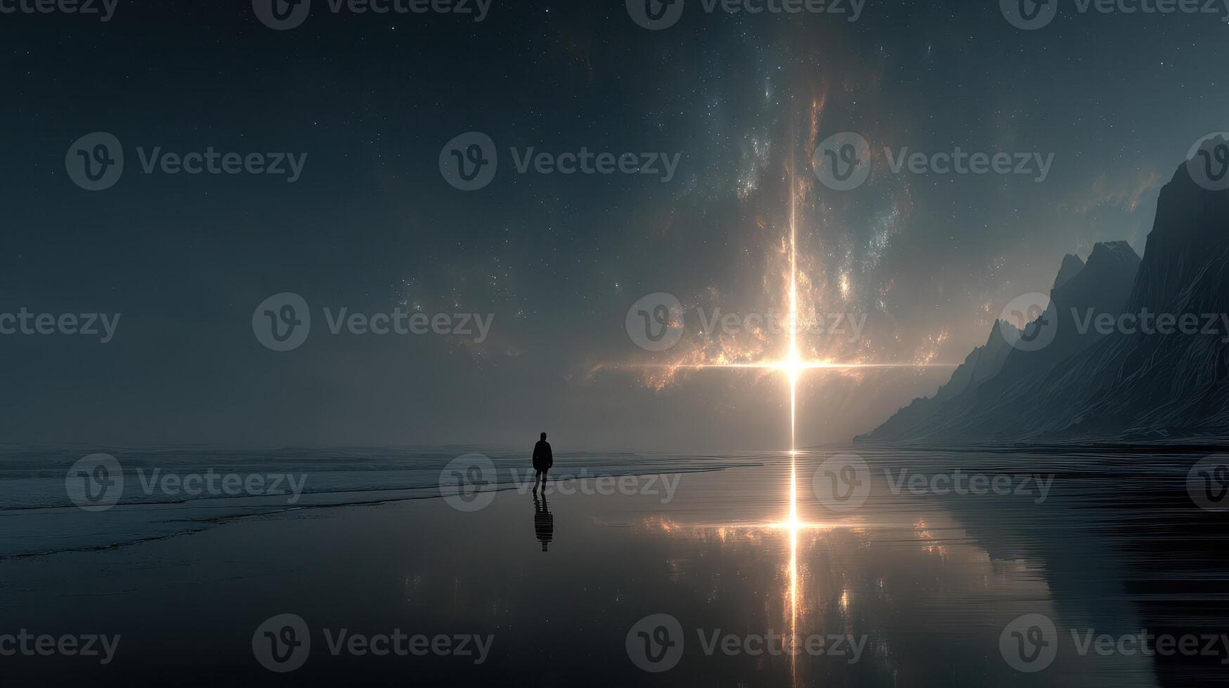 Mysterious figure gazes at celestial light reflecting on a tranquil beach at night photo