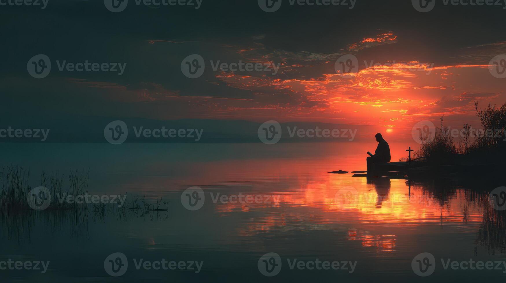 Solitary figure reflects by the peaceful lake at sunset amidst vibrant colors in the sky photo