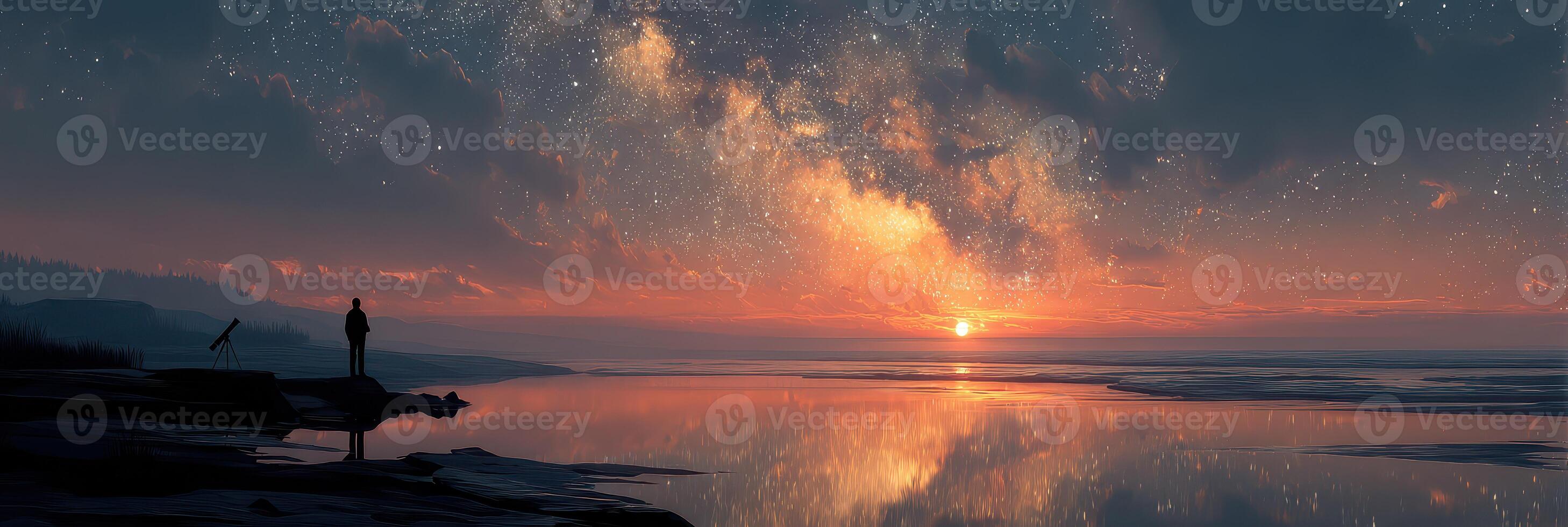 Stargazer enjoys the breathtaking sunset and starry sky along the tranquil lakeshore during twilight hours photo