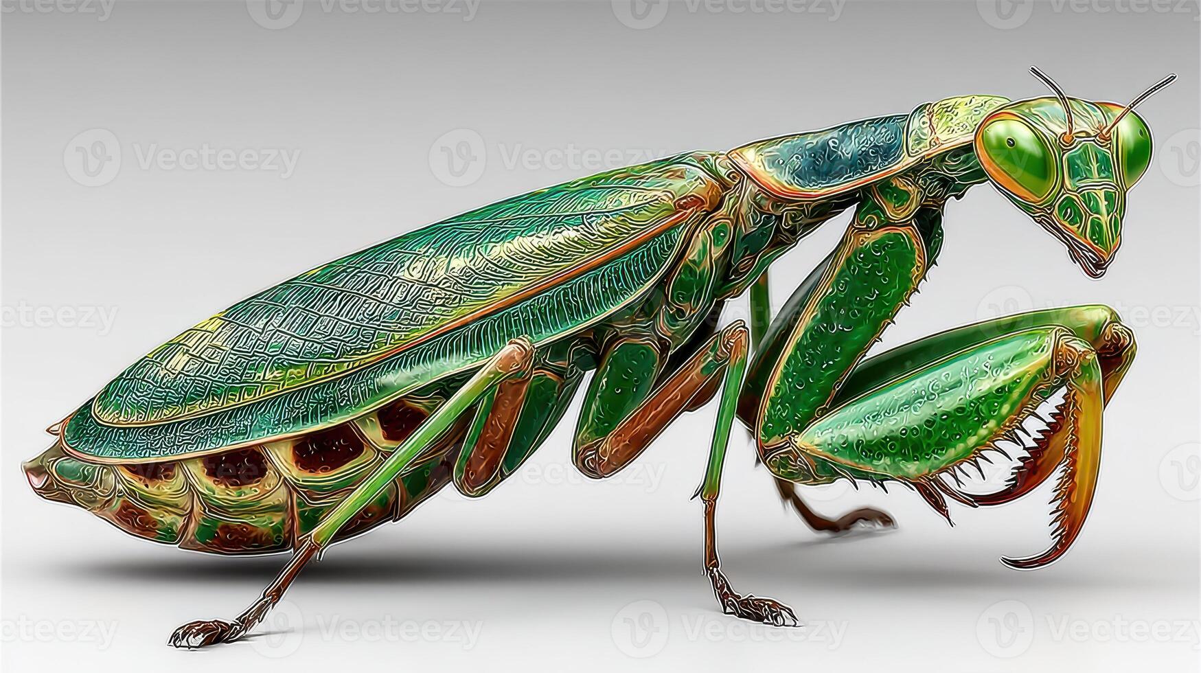Detailed close-up of an intricately designed green mantis figurine showcasing vibrant colors and realistic features photo