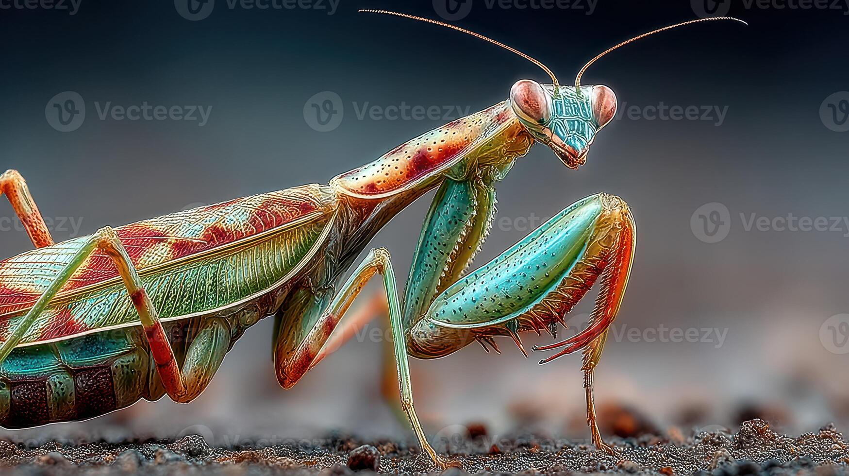 Colorful praying mantis in detailed close-up on a sandy background during late afternoon light photo