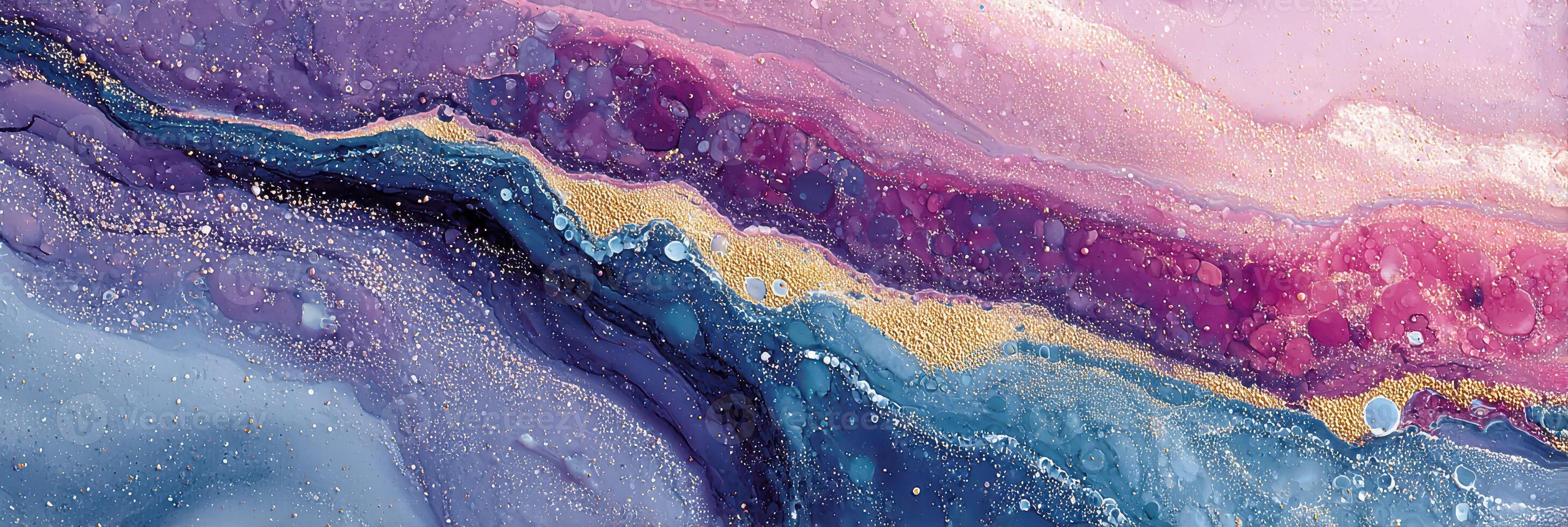 Colorful abstract art featuring flowing textures in shades of pink, purple, and blue with shimmering gold accents photo