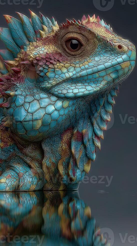 Colorful blue iguana with striking scales reflecting in calm water during sunny daylight photo