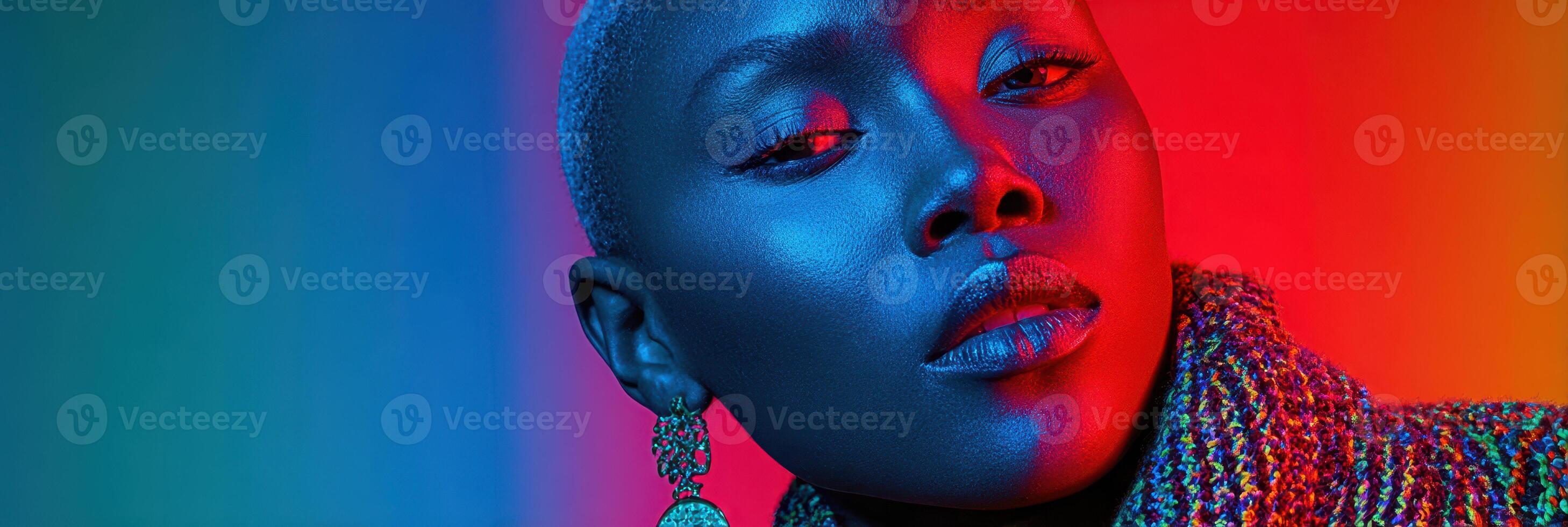 Model posing under colorful lighting showcasing vibrant fashion and striking features in a studio environment photo