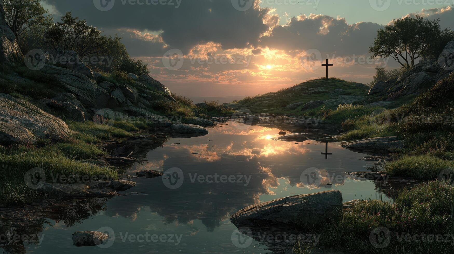 Sunset reflecting off a tranquil pond near a cross on a hill photo