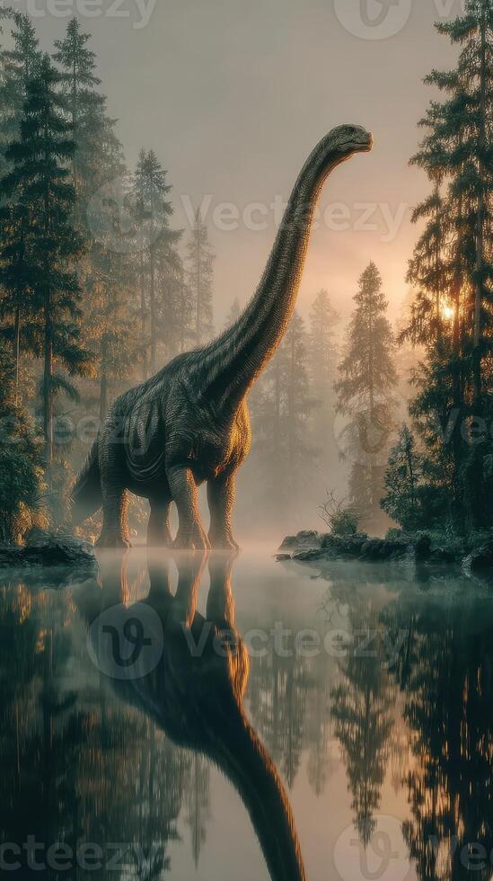 Giant dinosaur standing in a misty lake surrounded by tall trees at sunrise photo