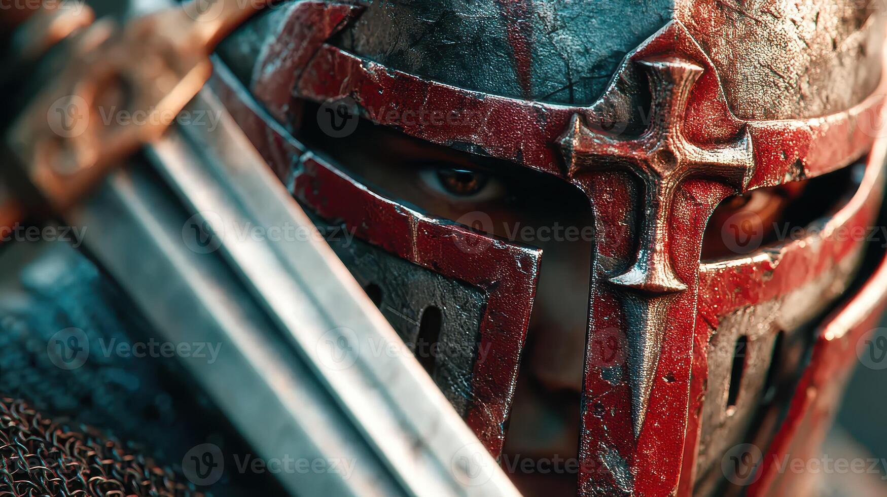 Knight in armor staring intensely with sword near face during battle preparation at dawn in a historical setting photo