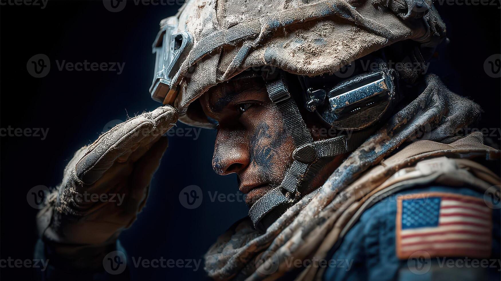 Soldier salutes with respect and determination in a rugged military environment during an intense training exercise photo