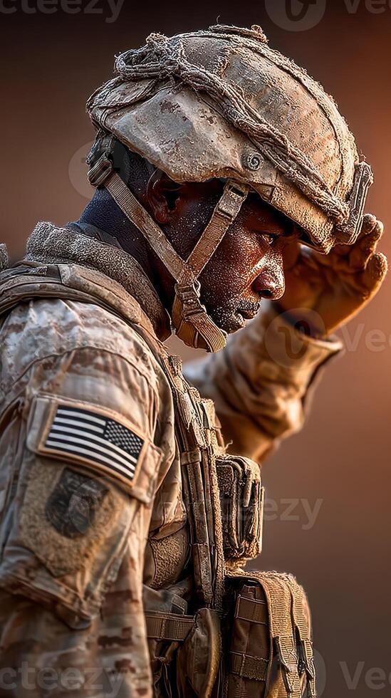 Soldier saluting during sunset at military training site while wearing combat gear and dusty uniform photo