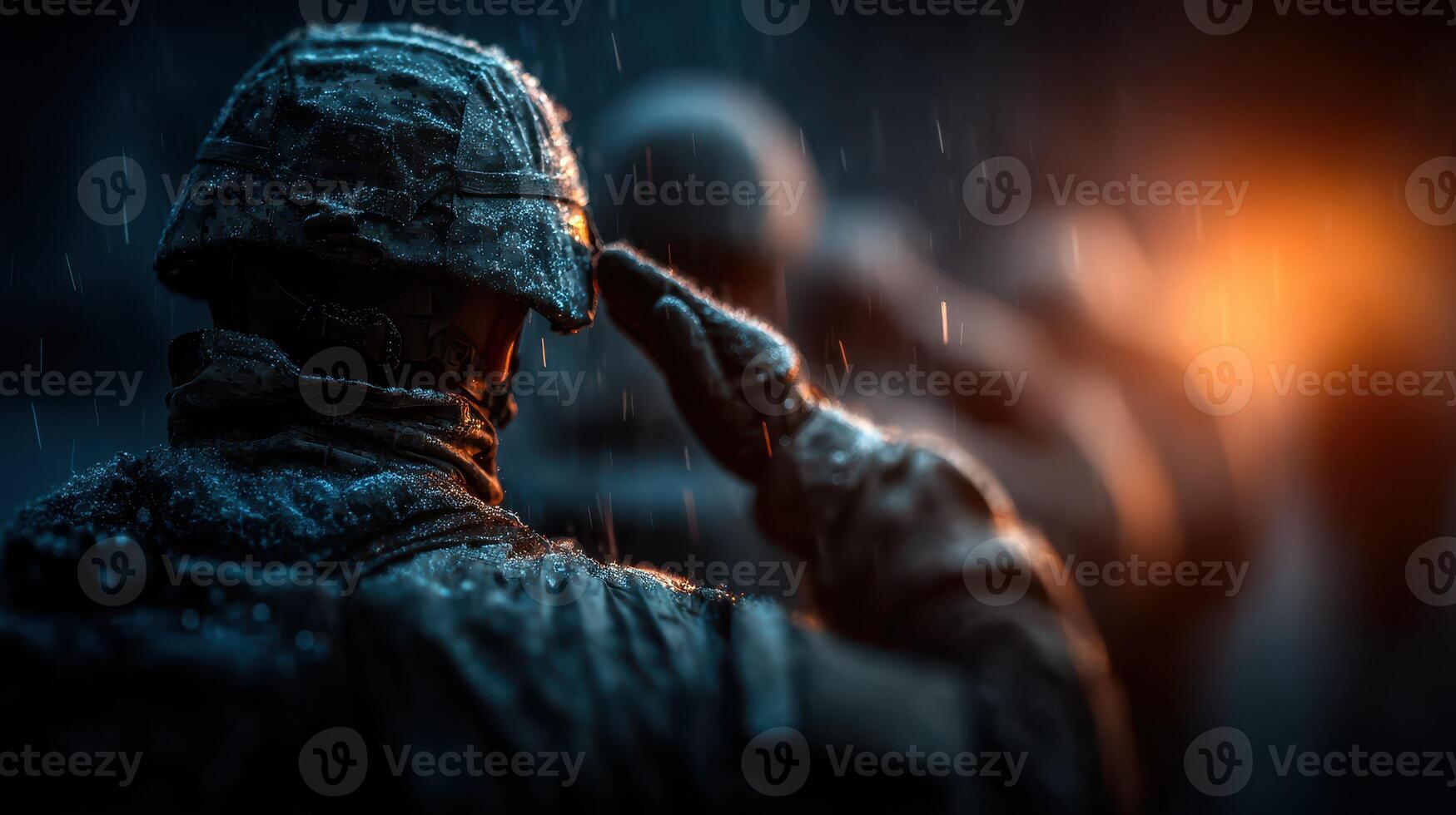 Soldiers salute in the rain during a military ceremony at dusk, honoring their comrades and reflecting on duty and sacrifice photo