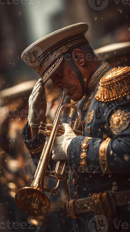 Brass musician salutes while playing trumpet during ceremonial parade in historical city photo