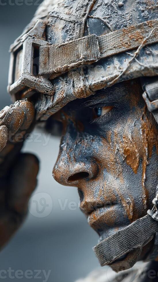 Soldier in combat uniform saluting with paint on face during training exercise in outdoor setting photo