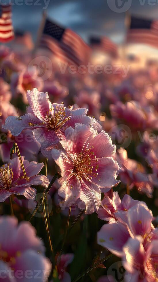 Colorful flowers bloom in a vibrant field near flags at sunset during a serene evening in spring photo