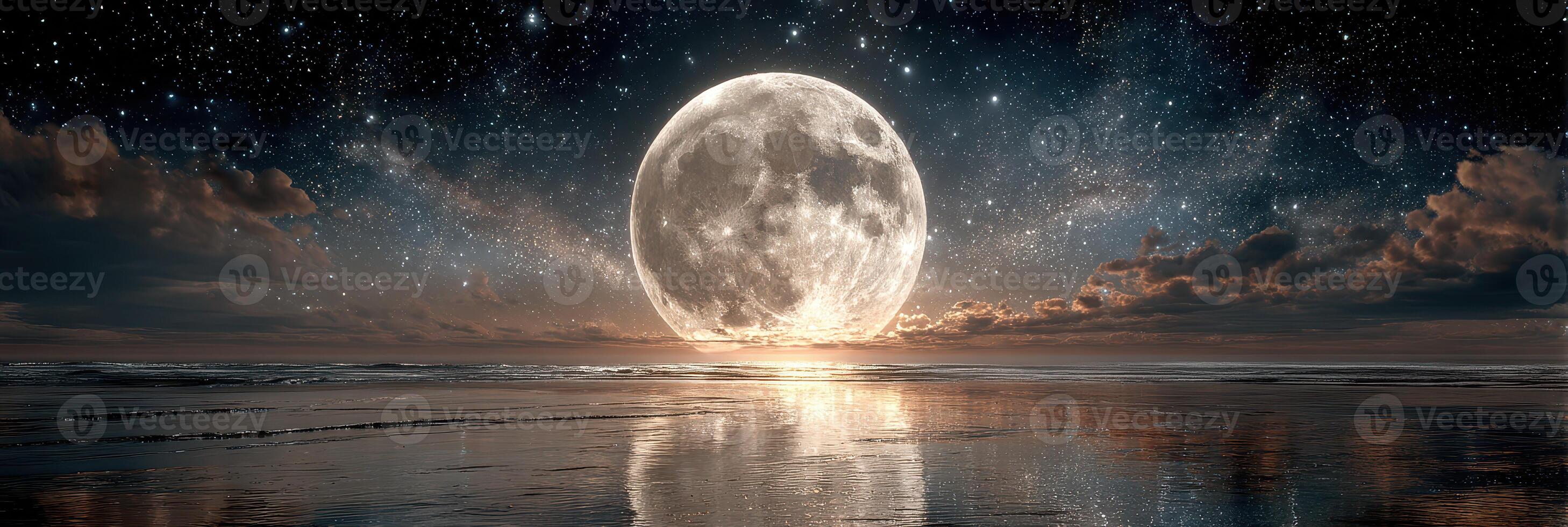 Stunning full moon reflecting on tranquil ocean waters under a starry sky at night photo