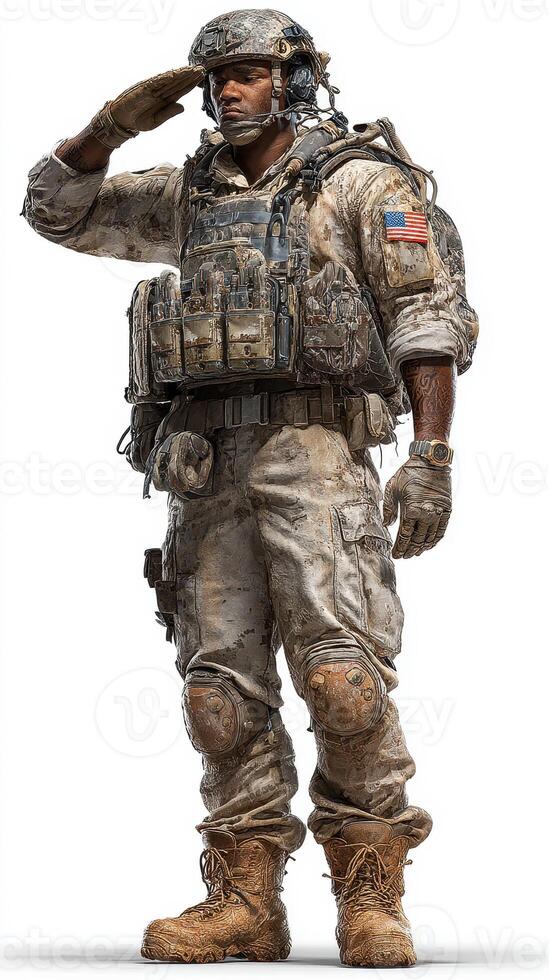 Soldier saluting in military attire, showing respect and readiness in a combat environment photo
