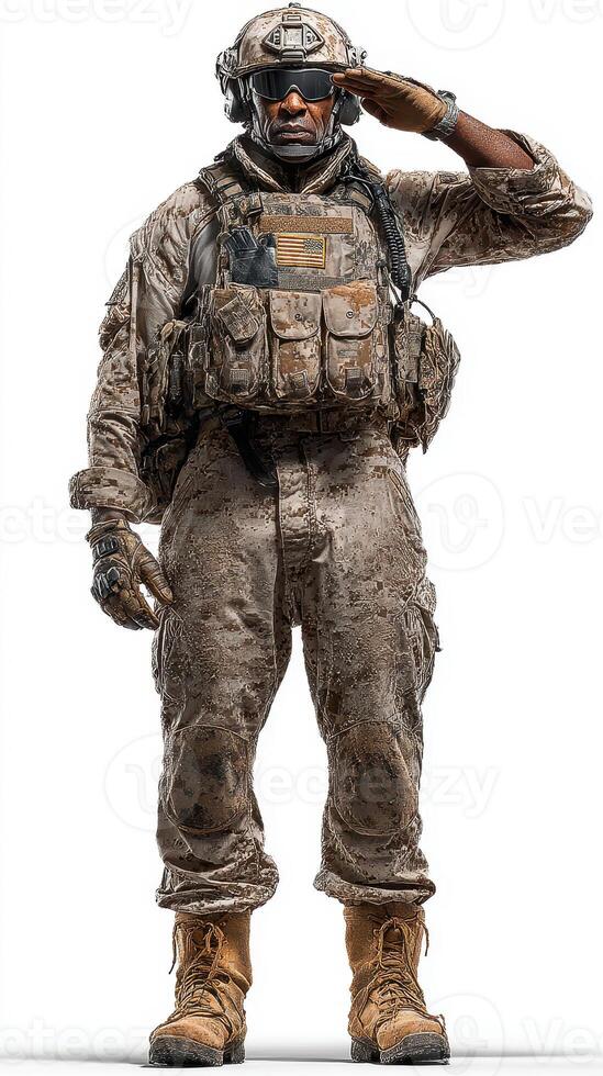 Soldier in camouflage gear saluting on military duty during a training exercise in a desert environment photo