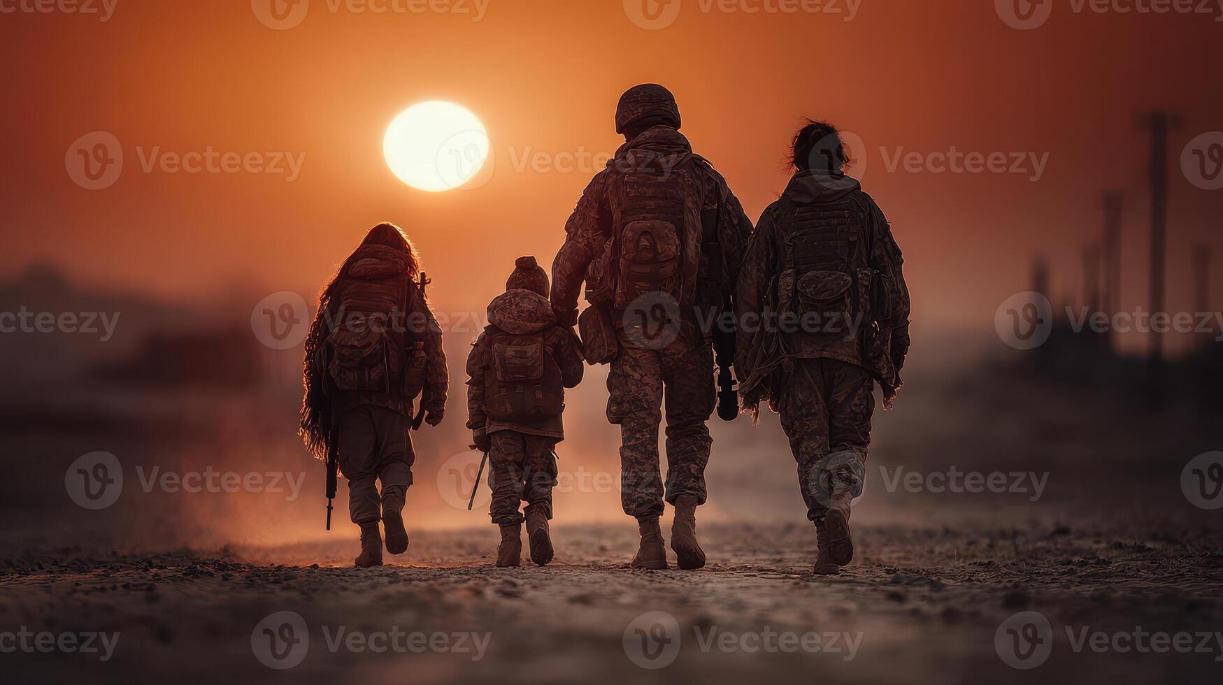Soldiers walking with children at sunset in a desert setting showcasing family bonds and military connection photo