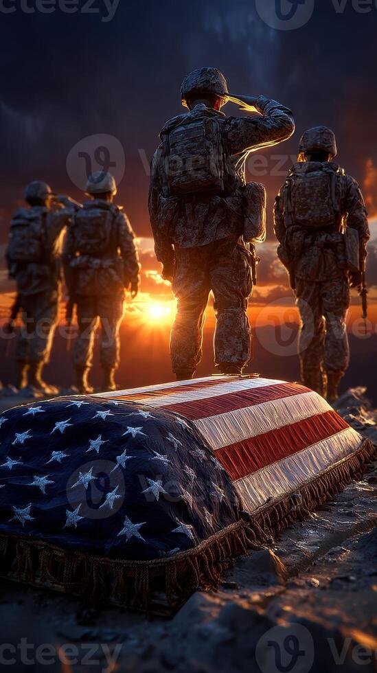 Soldiers saluting at sunset beside a flag-draped casket during a solemn memorial ceremony in honor of fallen comrades photo
