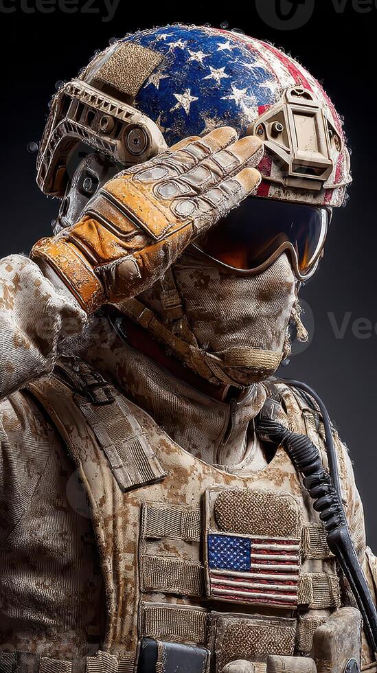 Soldier saluting with American flag themed helmet, showcasing military gear and dedication to service during a mission photo