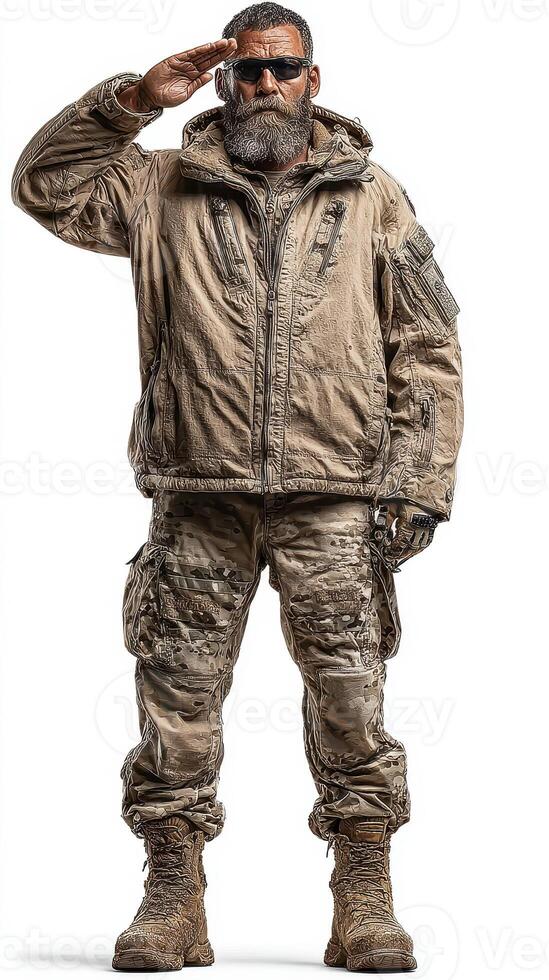 Realistic depiction of a soldier in tactical gear saluting in a neutral background photo
