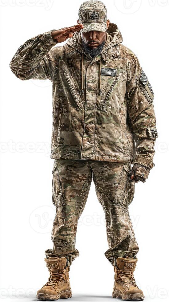 Military personnel saluting while wearing camouflage uniform and cold weather gear in studio setting photo