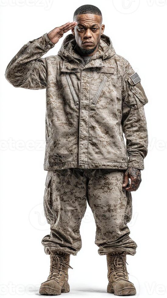 Soldier in military uniform saluting with respect indoors during a formal event in the evening light photo