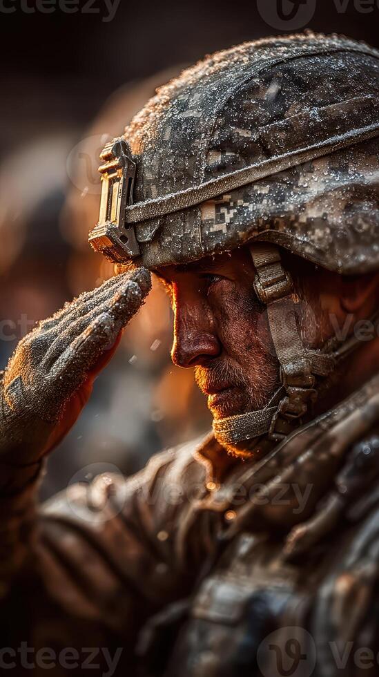 Soldier saluting with determination in a snowy landscape during dusk, symbolizing bravery and commitment to duty photo