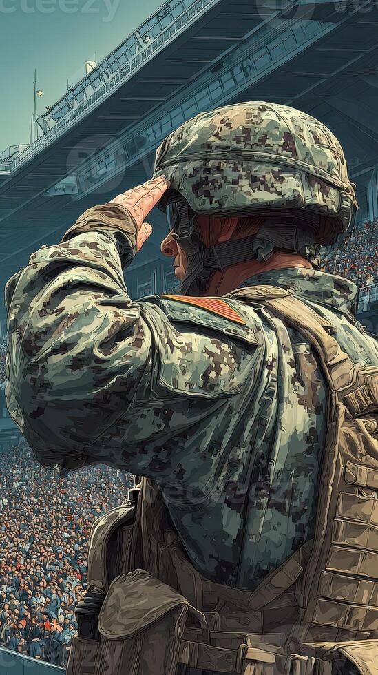 Soldier saluting at a crowded stadium during a military tribute event photo