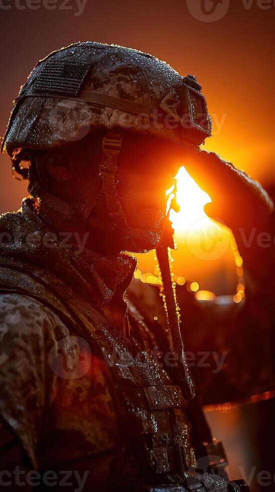 Soldier salutes against a sunset backdrop with water droplets on uniform during a military training exercise photo
