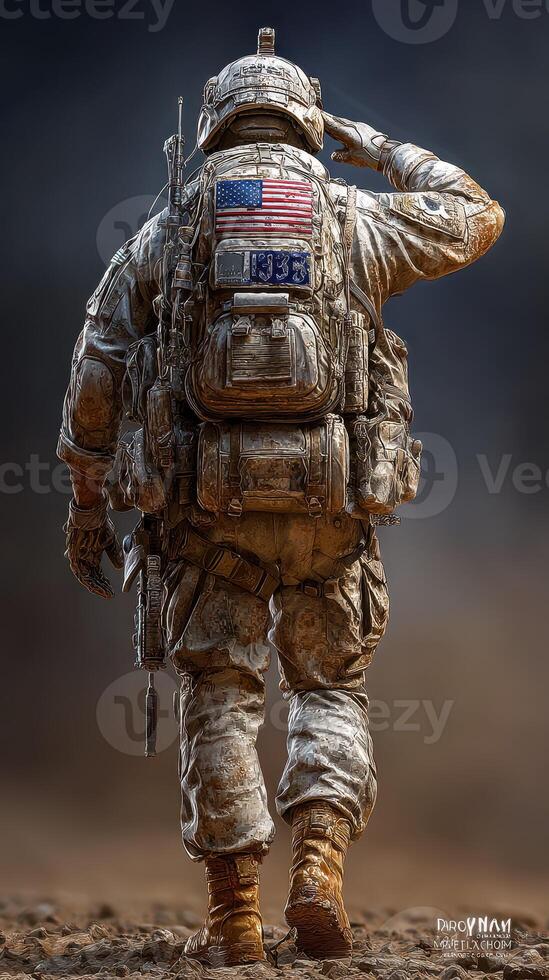 Soldier saluting with flag patch during military operation in desert landscape at dawn photo