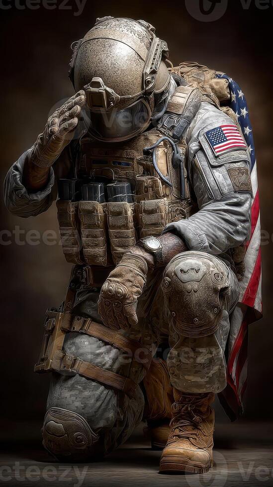 Soldier in advanced military gear saluting while kneeling in a respectful pose during a memorial event photo